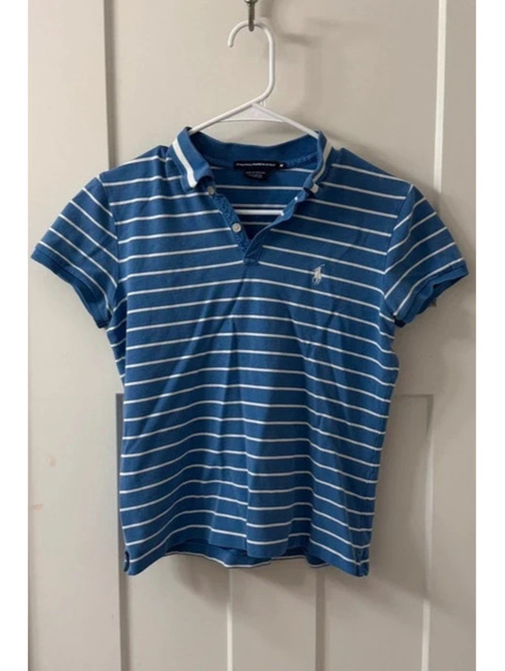Ralph Lauren Golf Women’s M Polo Shirt Blue White Striped Pony Cotton Stretch